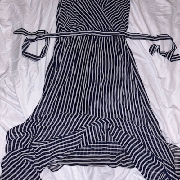 New York & Company Navy and White Striped Wrap High-Low Dress - Picture 2 of 5